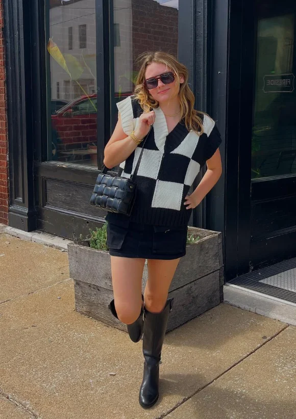 Checkered Sweater Vest Black Skirt Boots