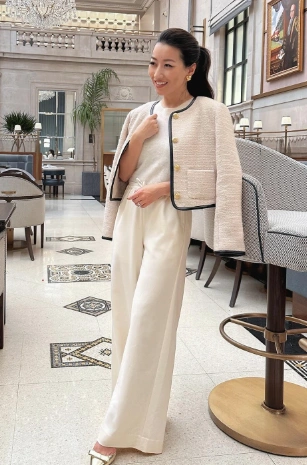 Chic Cream Tweed Jacket Elegant White Top Flowing Wide Leg Trousers Stylish Heeled Sandal