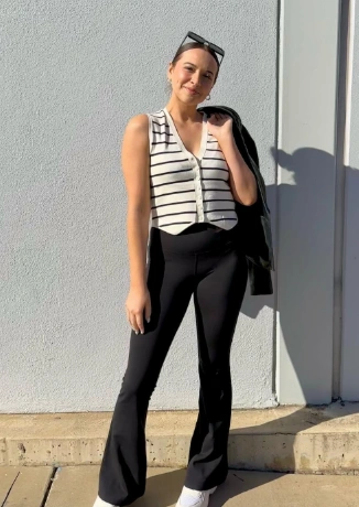 Chic Striped Button Up Tank Black Flared Pants White Sneakers Trendy Sunglasses