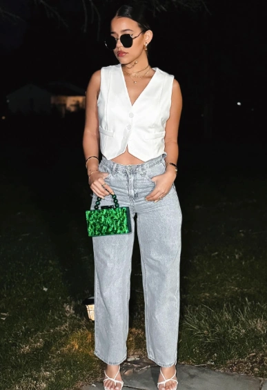 Chic White Cropped Vest Light Wash Baggy Jeans Green Mini Handbag Clear Strappy Heels Round Sunglasses