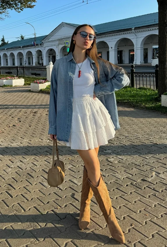 Denim Shirt White Dress Brown Boots