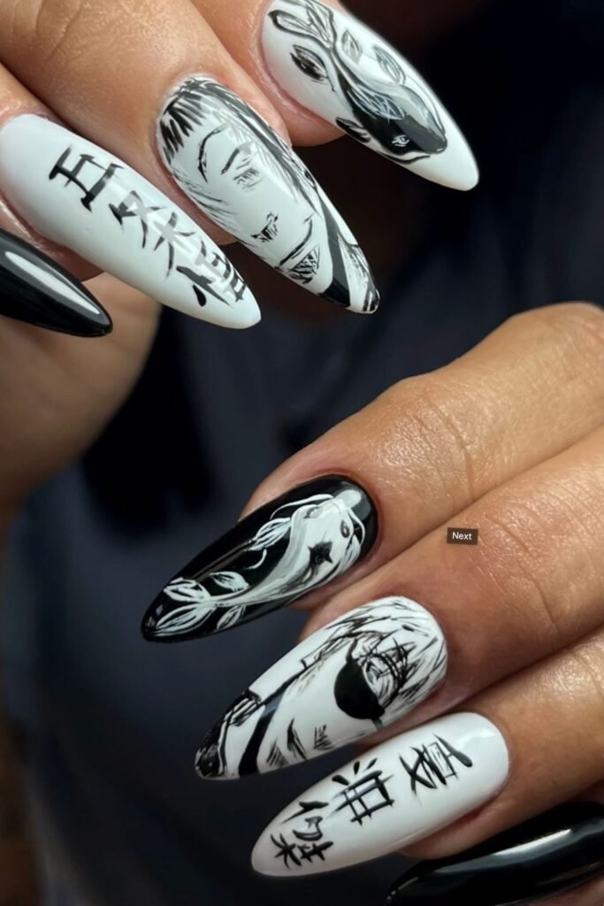 Edgy Black and White Anime Nails