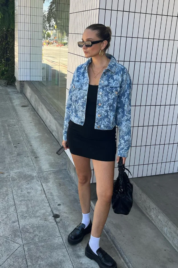 Floral Denim Jacket Black Mini Dress