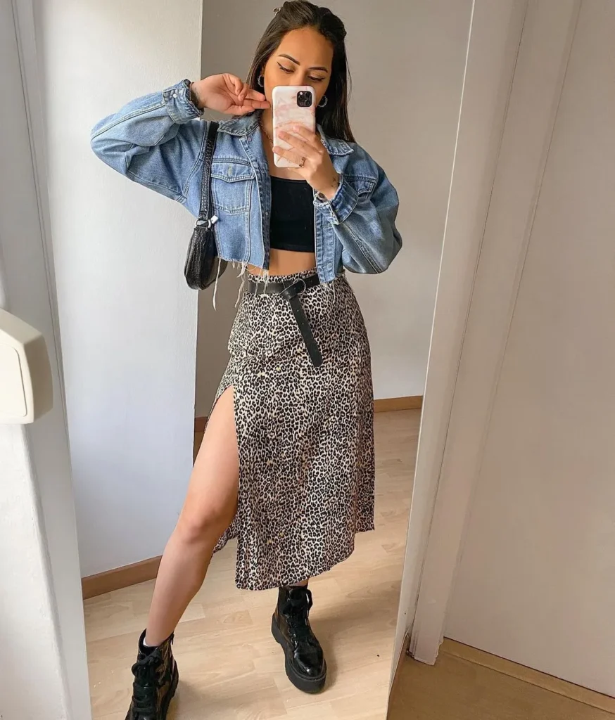 Leopard Print Midi Skirt Denim Jacket