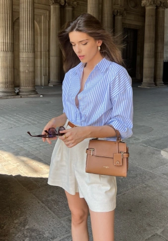 Light Blue Striped Button Up Shirt Cream Tailored Shorts Brown Crossbody Bag