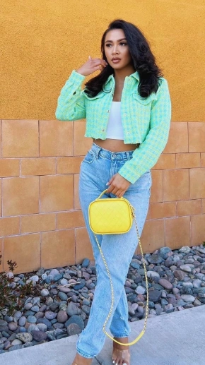 Light Green Cropped Plaid Jacket White Crop Top Light Wash High Waisted Jeans Yellow Crossbody Bag Clear Heeled Sandals