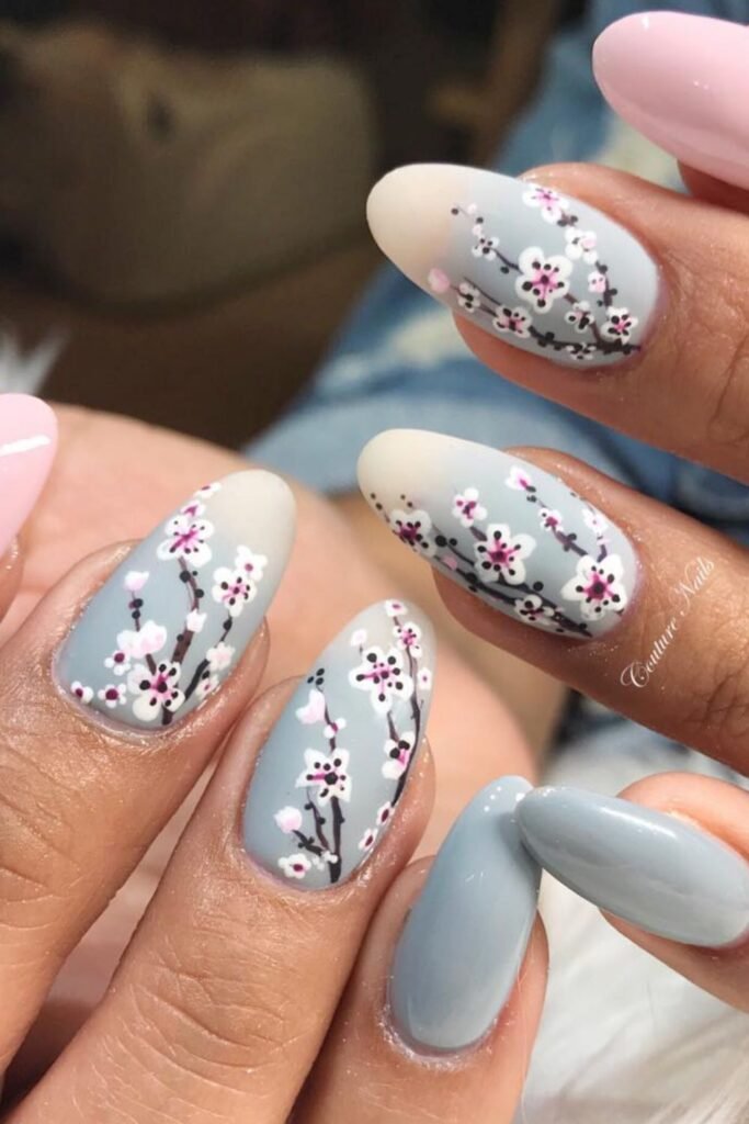 Matte Sakura on Blue Nails