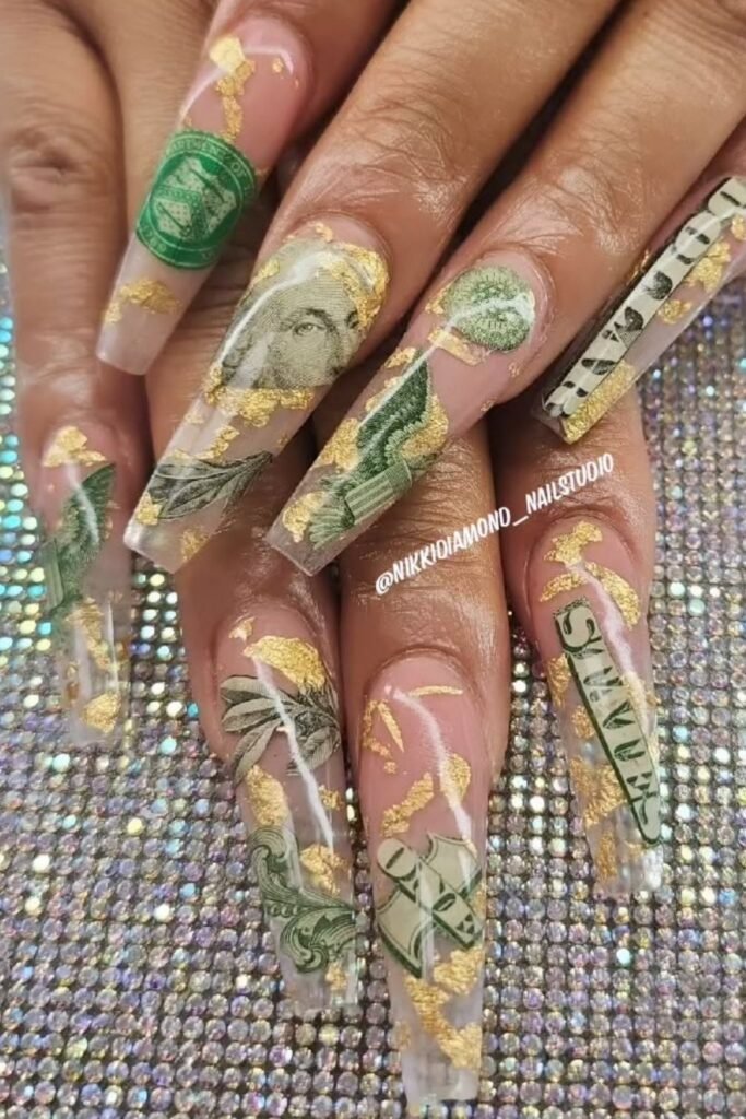 Money Print Long Stiletto Nails