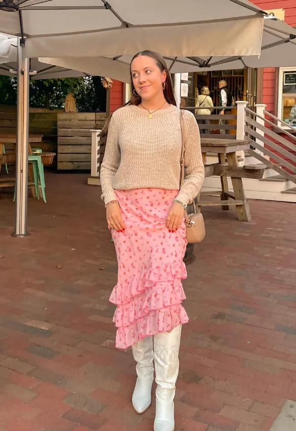 Neutral Sweater Tiered Pink Skirt