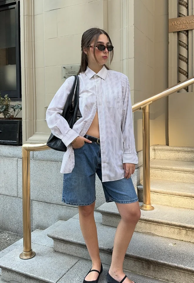 Oversized Button Down Denim Shorts Mary Janes