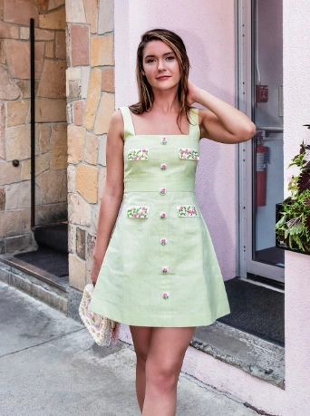 Pastel Green A Line Dress Floral Applique Pockets White Clutch Bag