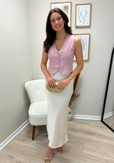 Pink Button Up Vest Cream Maxi Skirt Neutral Clutch Strappy Heels
