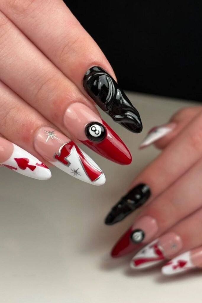 Red Black 8 Ball Glam Nails