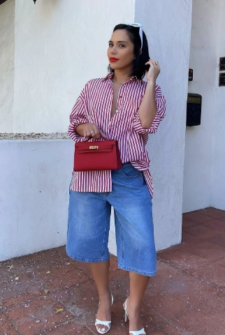 Red Striped Oversized Shirt Light Blue Denim Culottes White Heeled Sandals Red Mini Handbag