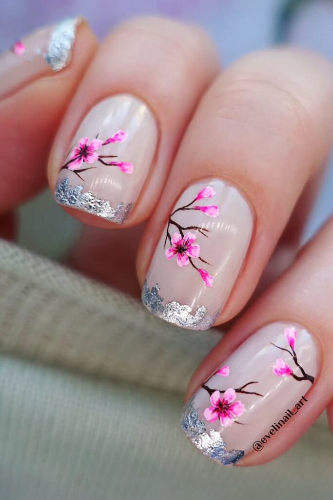 Silver Sakura Elegant Nails