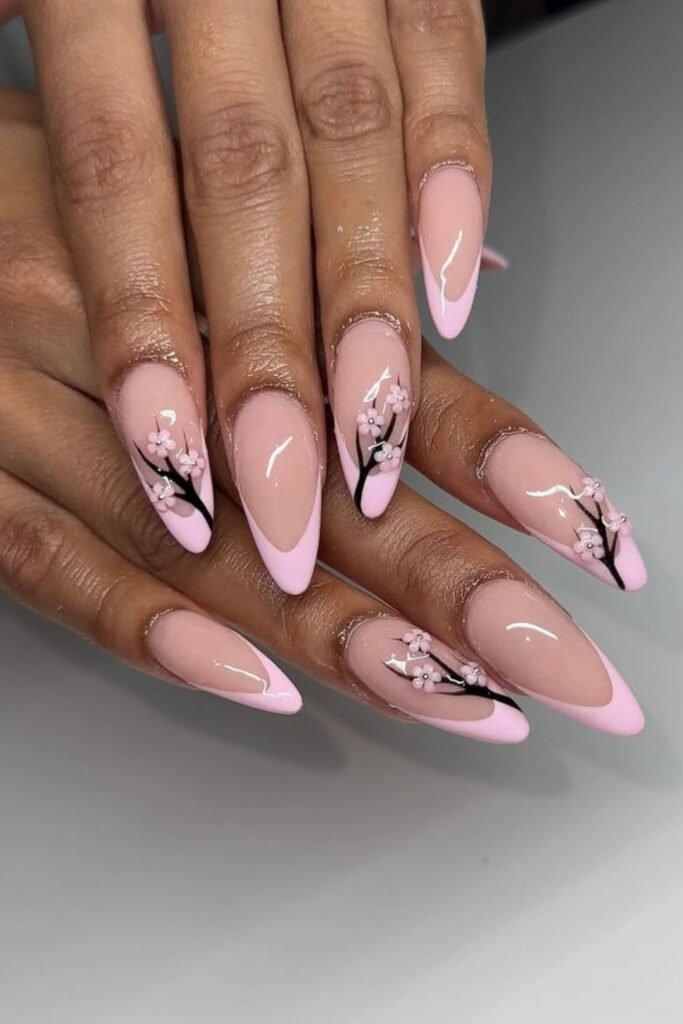 Soft Pink Sakura French Nails