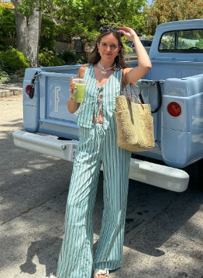 Striped Jumpsuit Layered Silver Necklaces Straw Tote Bag White Slide Sandals