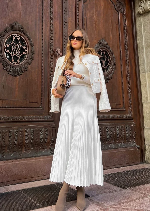 Tweed Jacket Pleated Midi Skirt