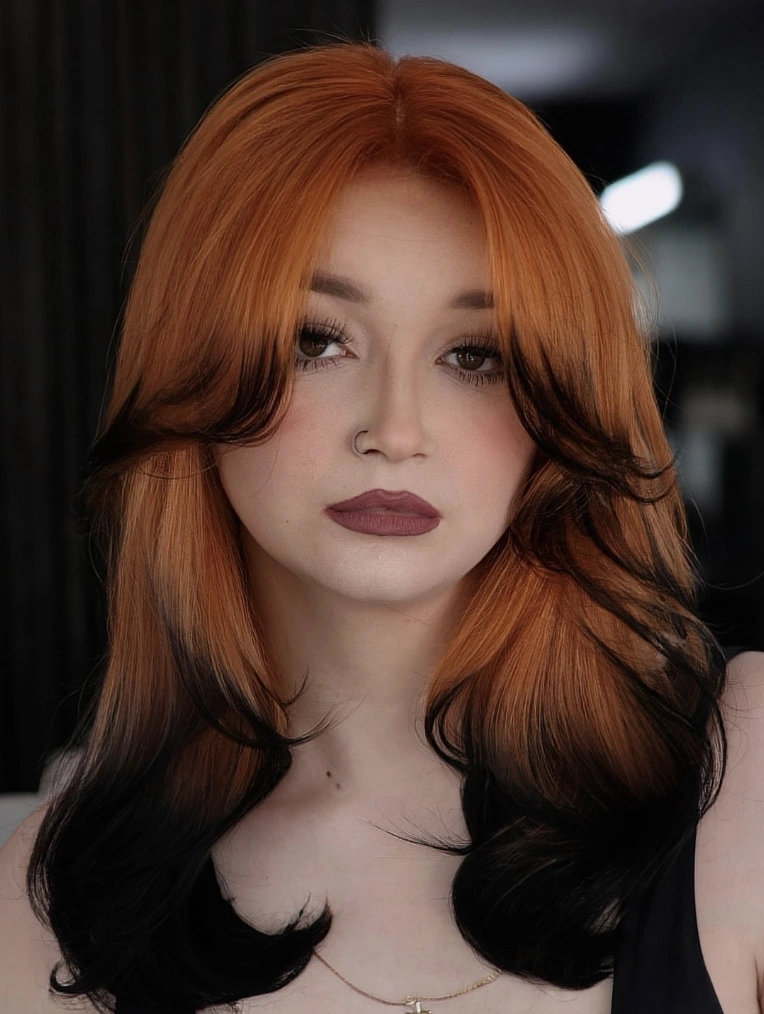 Vibrant Long Layered Hair with Fall Color Highlights and Dark Undercut