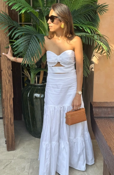 White Cut Out Maxi Dress Yellow Statement Earrings Brown Croc Embossed Clutch Oversized Sunglasses
