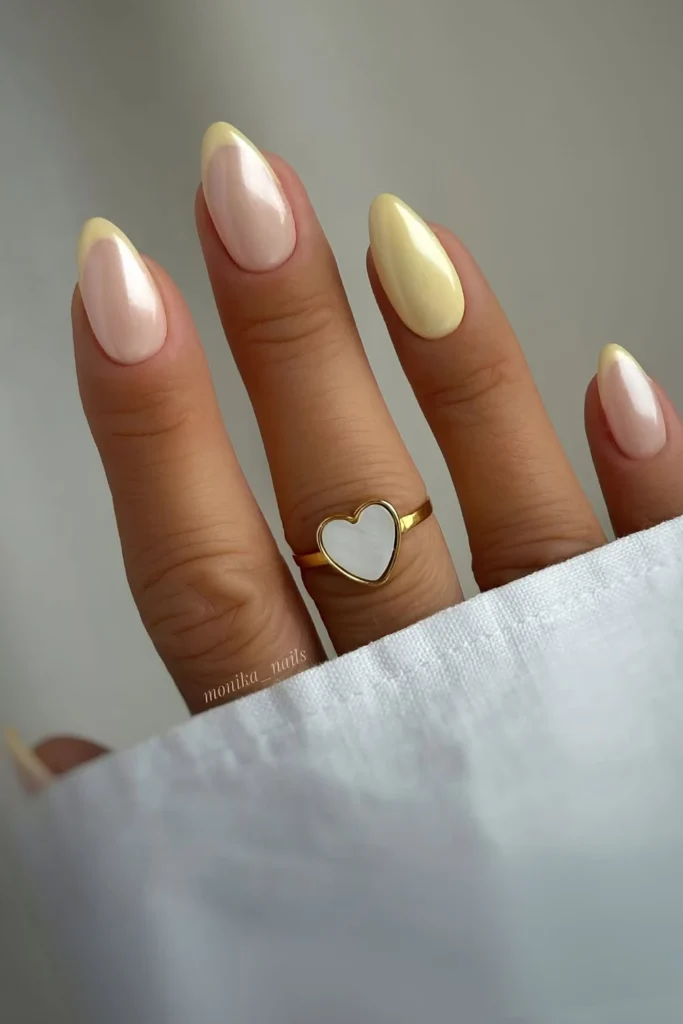 Yellow chrome French and solid mix nails.jpg