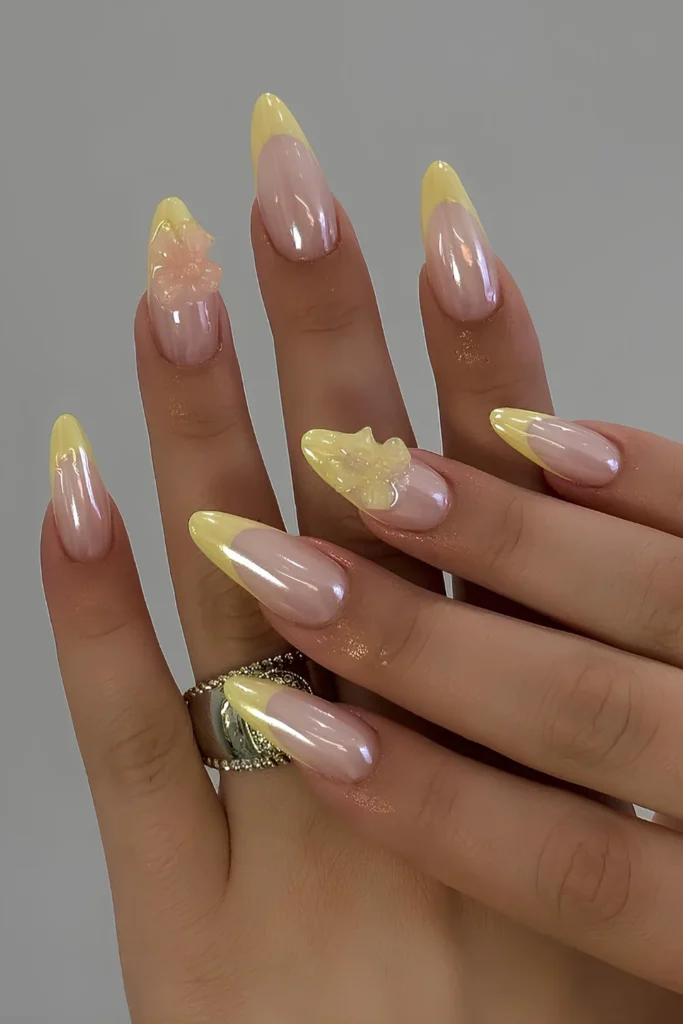 Yellow chrome French mani with textured bows.jpg
