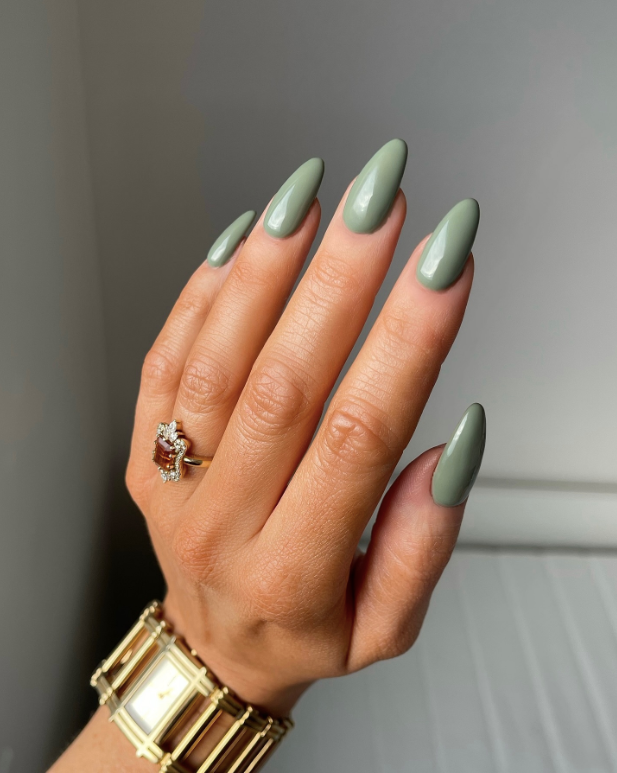 Glossy Sage Green Nails