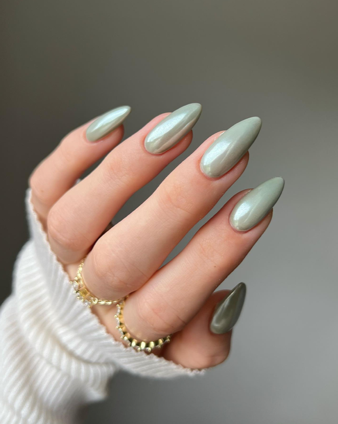 Shiny Sage Chrome Nails