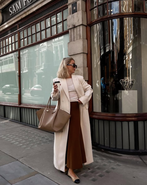 brown skirt and black and beige flats