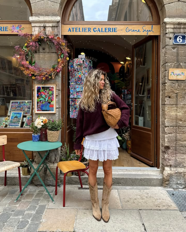 burgundy sweater white lace skirt and tan cowboy boots