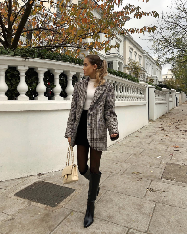 checkered blazer black shorts and knee high black boots