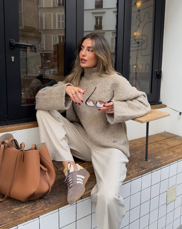 cozy beige sweater and wide legged cream pants