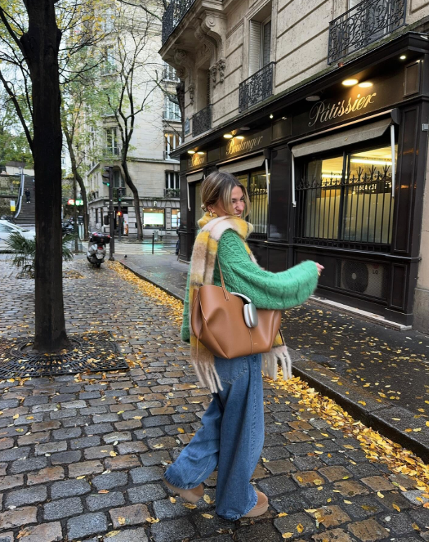 cozy green sweater and plaid scarf