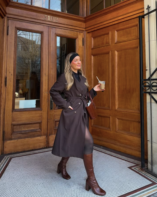 dark trench coat and brown boots