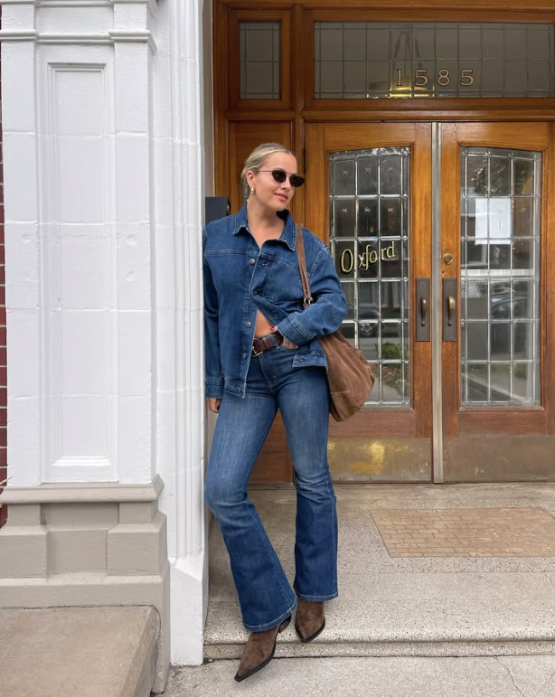 denim jacket and jeans leans