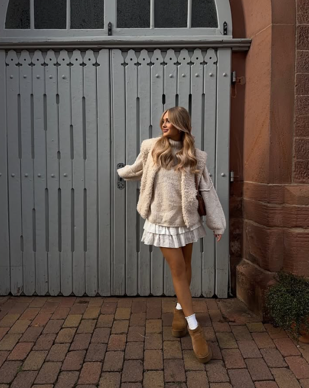 fluffy jacket a knit sweater a white ruffled skirt and brown ankle boots
