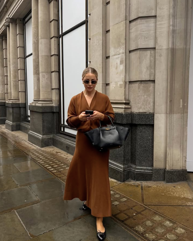 long brown coat and black shoes