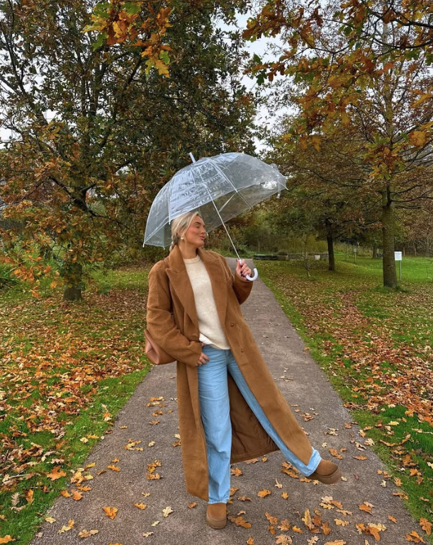 long brown coat light blue jeans and brown boots