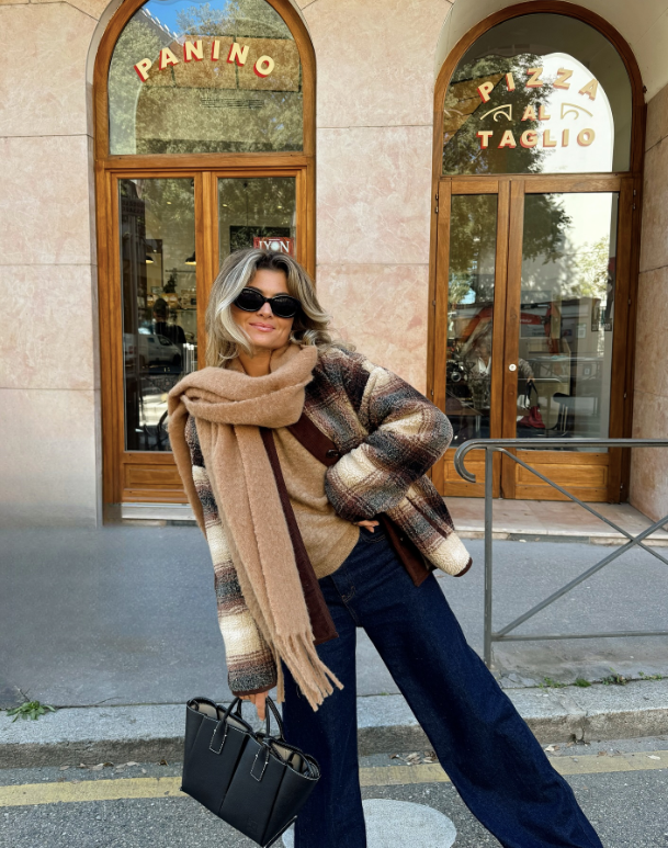 plaid jacket beige scarf sunglasses