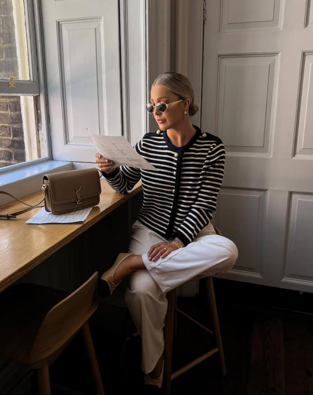 striped knit sweater with wide leg trousers