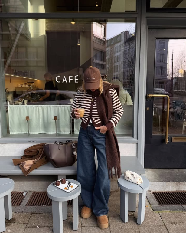 striped sweater wide leg jeans and a brown scarf