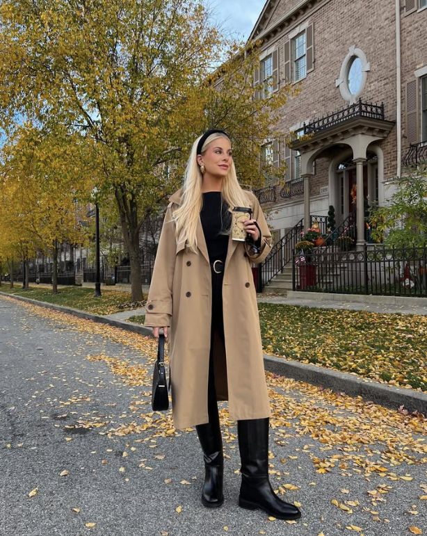 tan trench coat and black boots