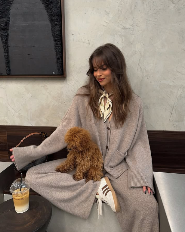 white sneakers with stripes and a patterned scarf