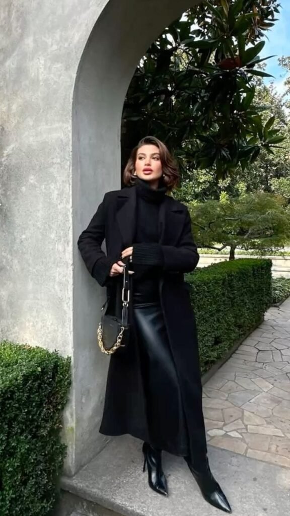 All Black Outfit Long Coat Pointed Boots