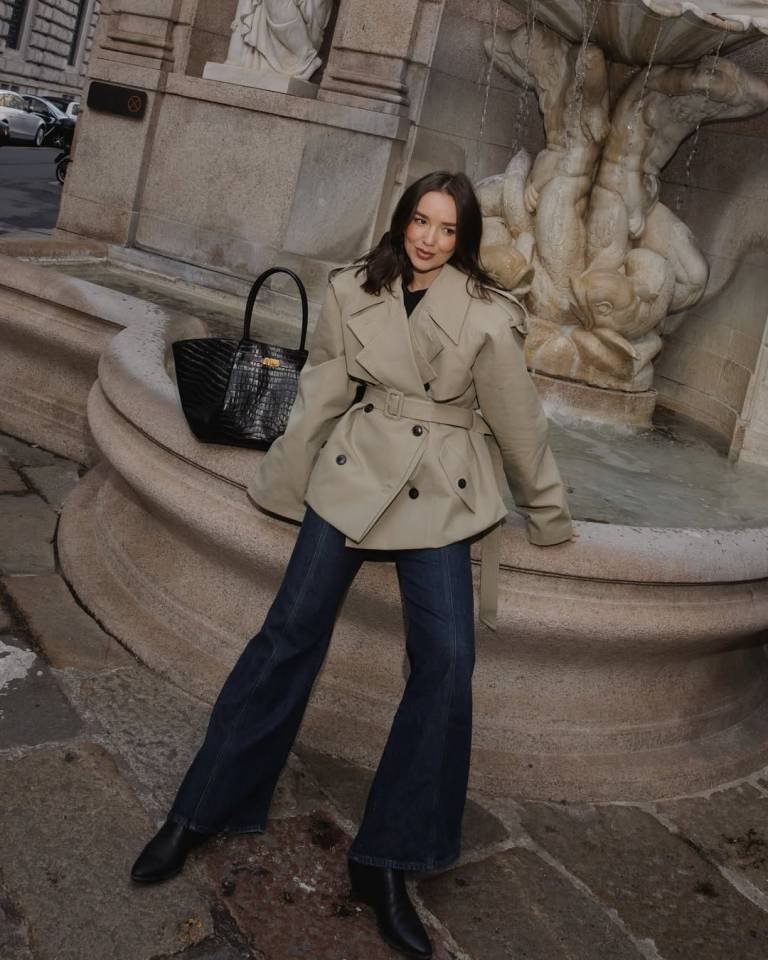 Beige Trench Coat Flared Jeans Black Boots