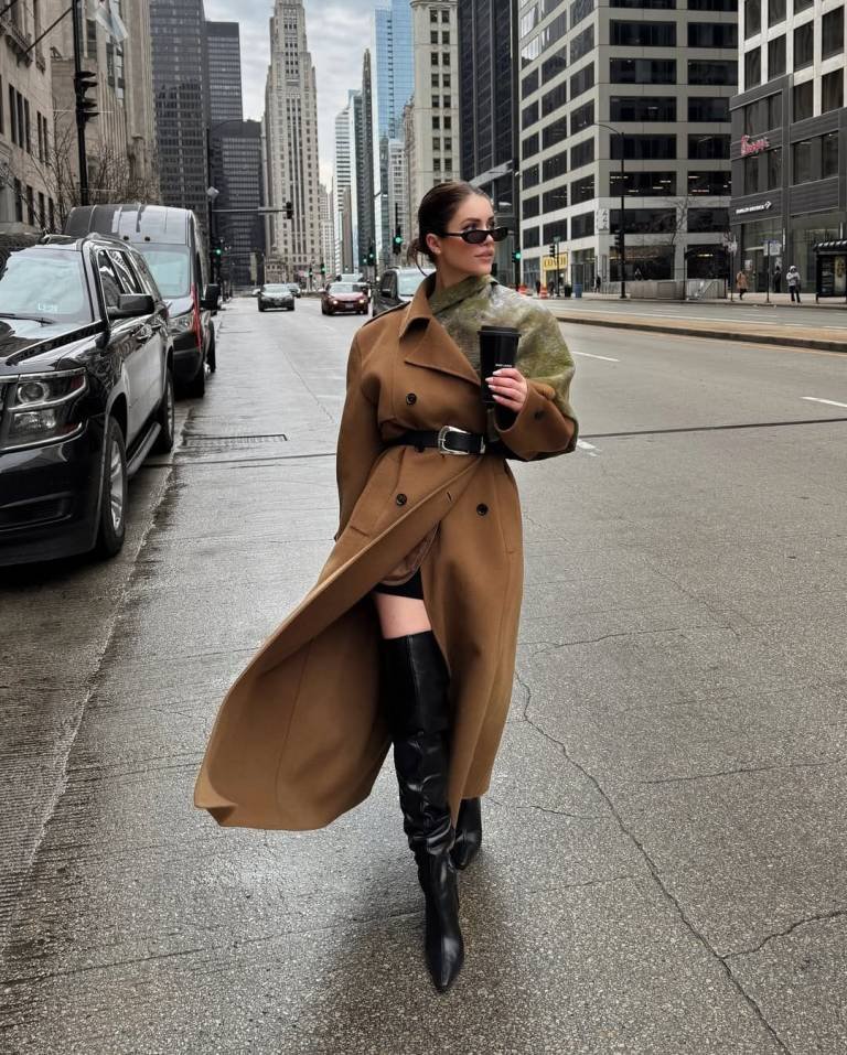 Belted Camel Coat With Black Accents