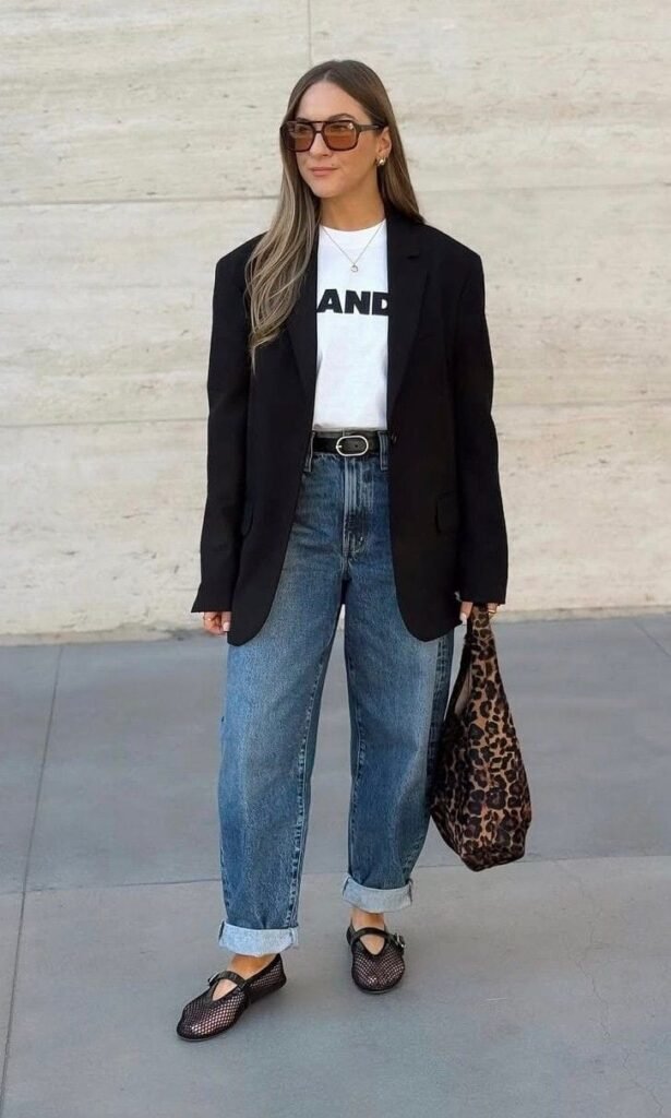 Black Blazer Blue Barrel Jeans