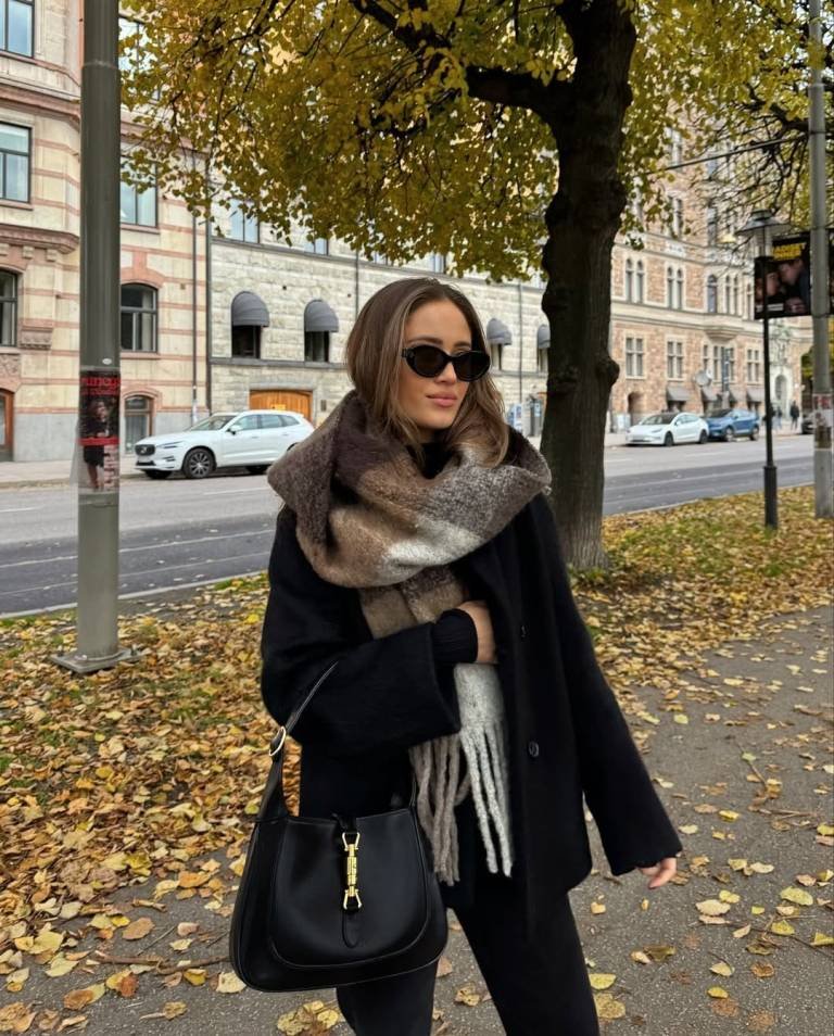 Black Coat With Oversized Ombre Scarf