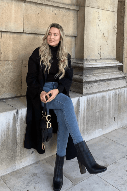 Black Duster Coat Blue Jeans Black Heeled Boots