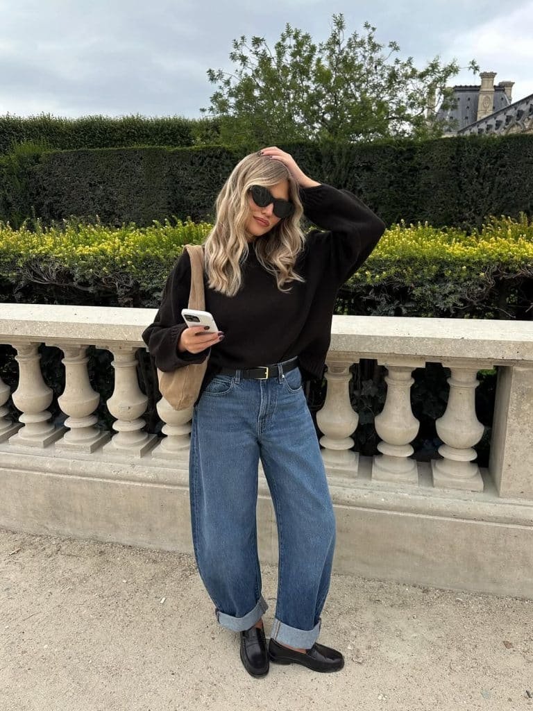 Black Knit Cuffed Barrel Jeans